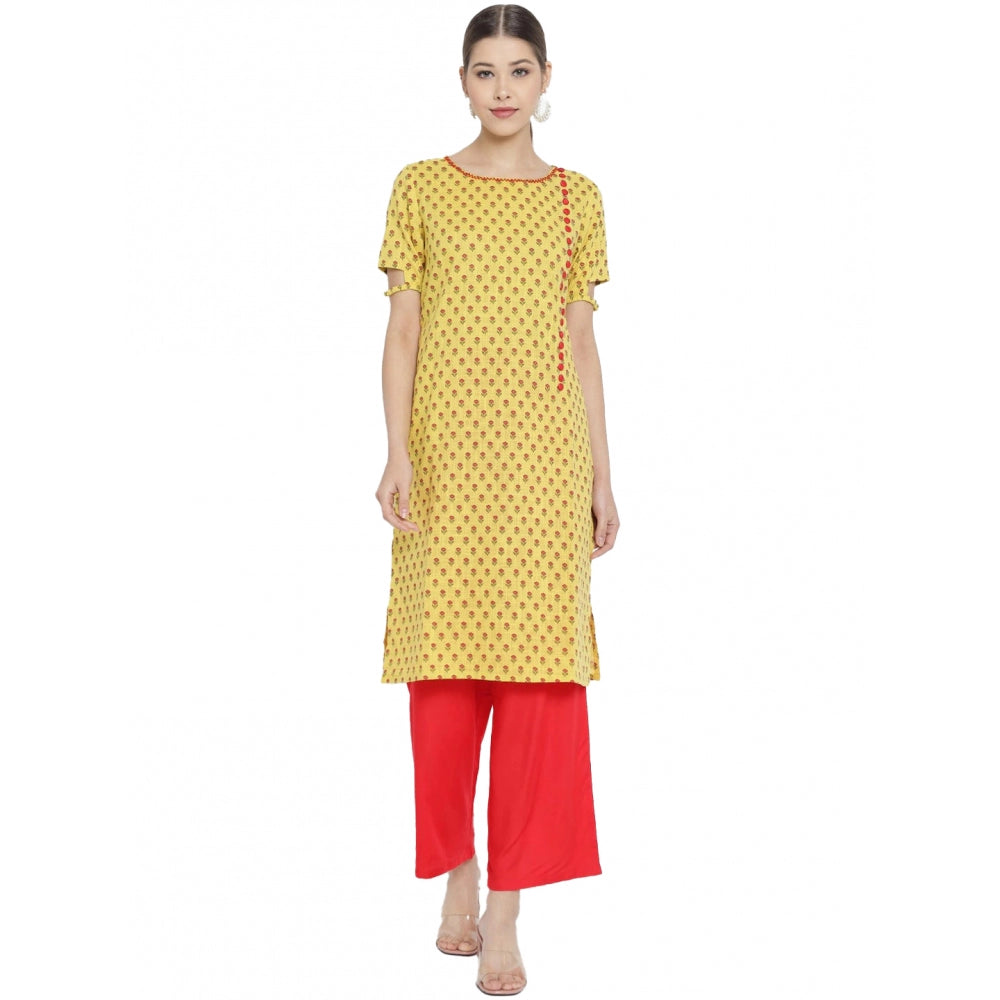 Women's Casual Short Sleeves Floral Printed Cotton &amp; Rayon Kurti Palazzo Set (yellow &amp; Red) | Women Signature Collection