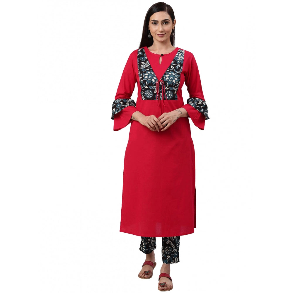 Women's Casual Bell Sleeves Floral Printed Cotton Kurti Set (rani Pink) | Women Signature Collection