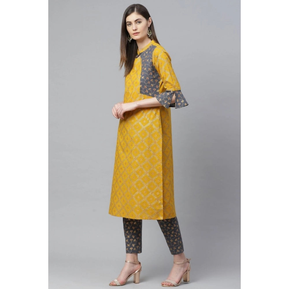 Women's Casual Bell Sleeves Geomatrical Printed Cotton Kurti Set (yellow) | Women Signature Collection