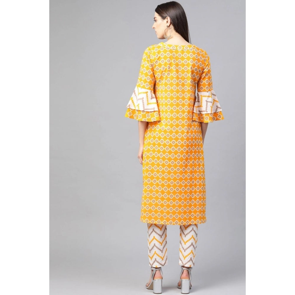Women's Casual 3/4 Th Sleeve Floral Printed Cotton Kurti Set (mustard) | Women Signature Collection