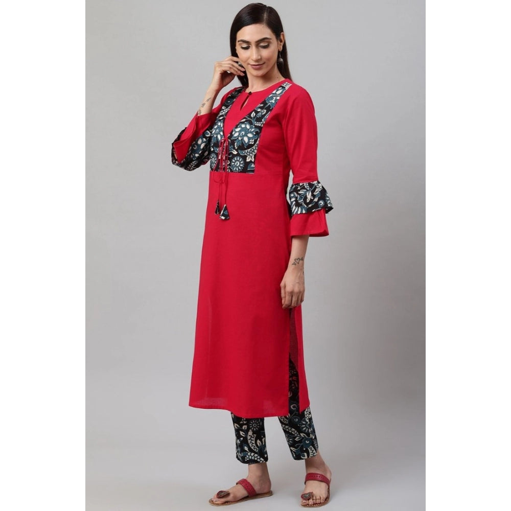 Women's Casual Bell Sleeves Floral Printed Cotton Kurti Set (rani Pink) | Women Signature Collection