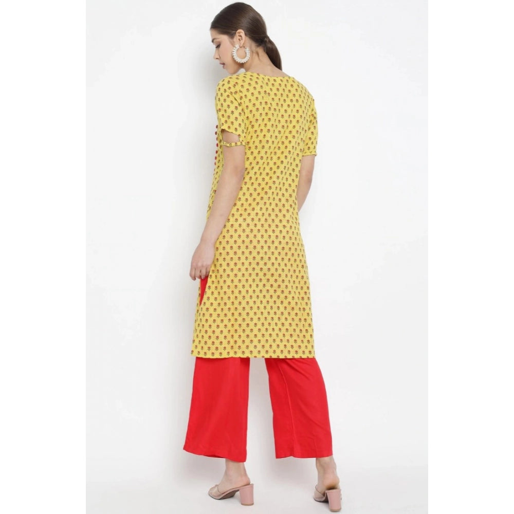 Women's Casual Short Sleeves Floral Printed Cotton &amp; Rayon Kurti Palazzo Set (yellow &amp; Red) | Women Signature Collection
