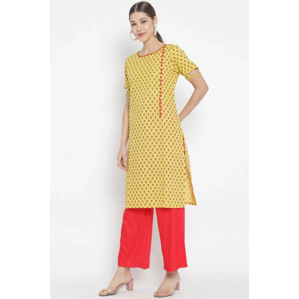 Women's Casual Short Sleeves Floral Printed Cotton &amp; Rayon Kurti Palazzo Set (yellow &amp; Red) | Women Signature Collection