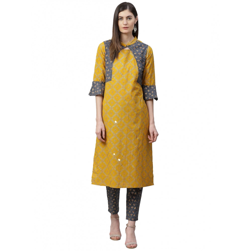 Women's Casual Bell Sleeves Geomatrical Printed Cotton Kurti Set (yellow) | Women Signature Collection