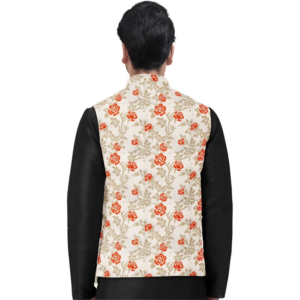 Men's Jacquard Printed Full Sleeve Waistcoat (orange Beige) | Men Signature Collection