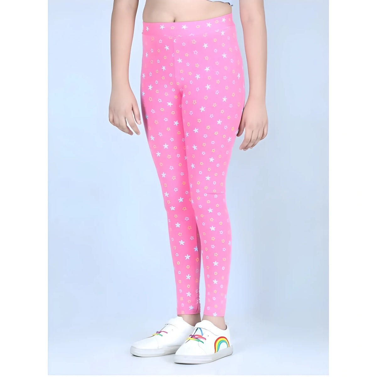 Girl's Cotton Lycra Printed Elasticated Leggings (Pink)