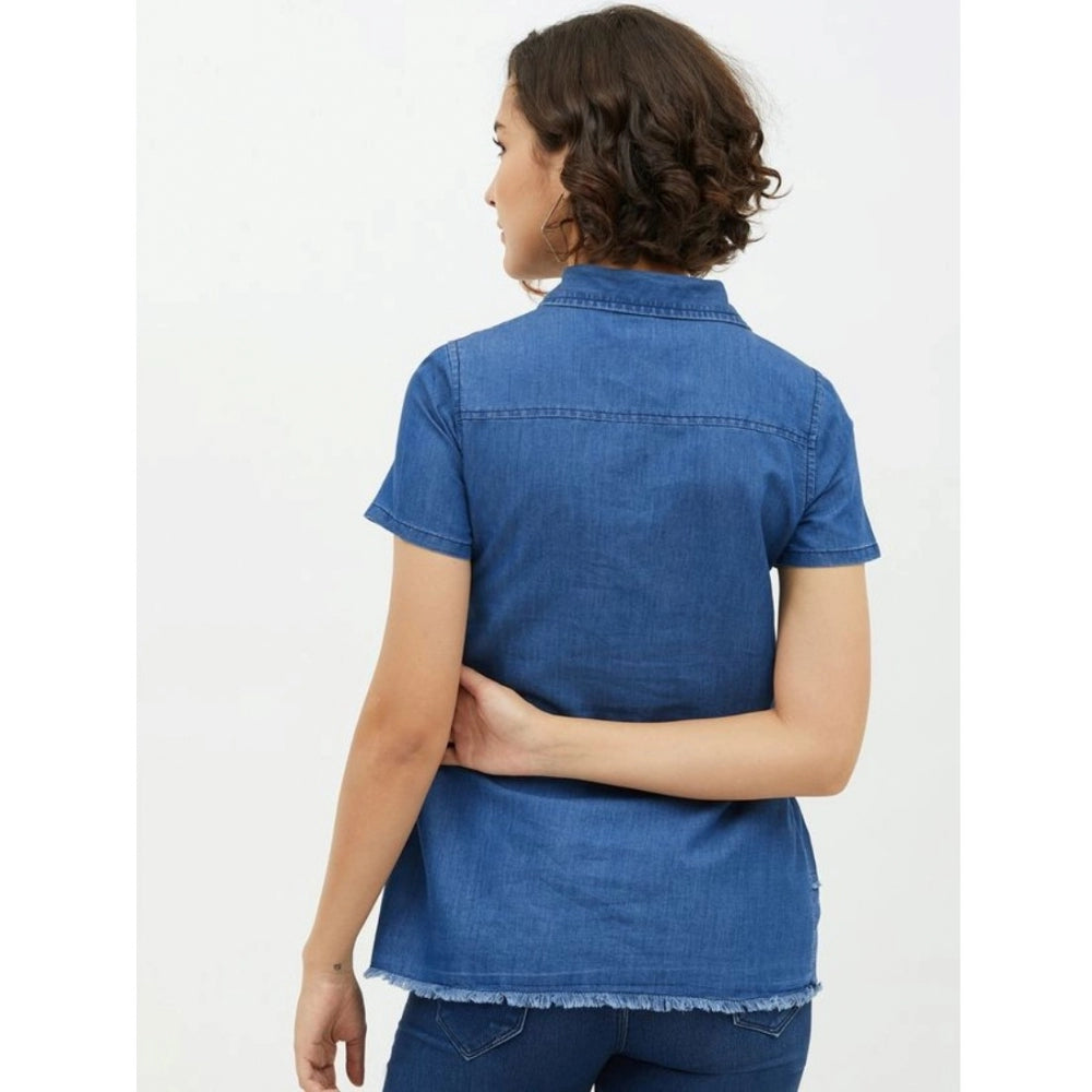 Women's Denim Peplum Short Sleeve Top (blue) | Women Signature Collection