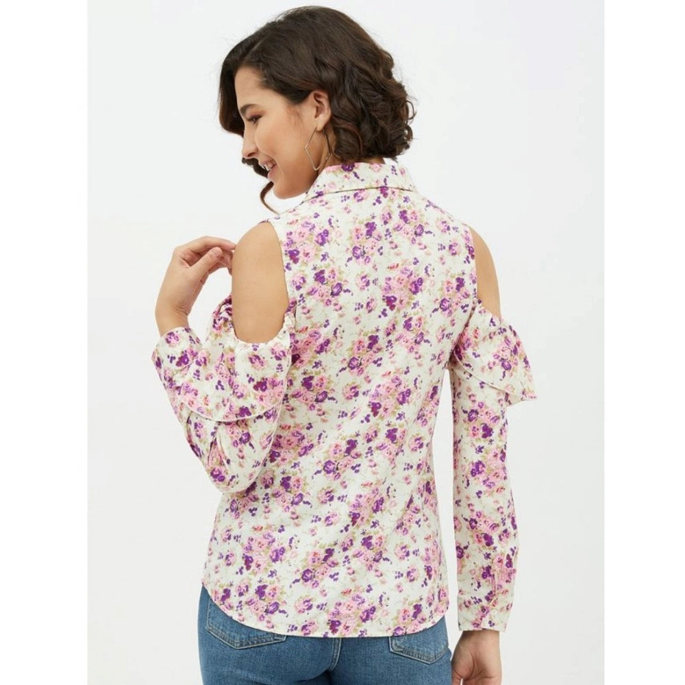 Women's Polyester Floral Cold Shoulder Standard Length Shirt (white) | Women Signature Collection