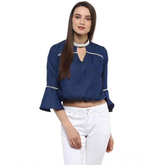 Women's Polyester Solid Bell Sleeve Regular Top (blue) | Women Signature Collection