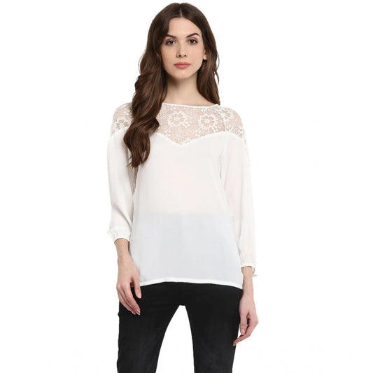 Women's Polyester Georgette Self Design 3 4th Sleeves Regular Top (white) | Women Signature Collection