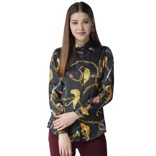 Women's Satin Printed Long Sleeves Standard Length Shirt (black Gold) | Women Signature Collection