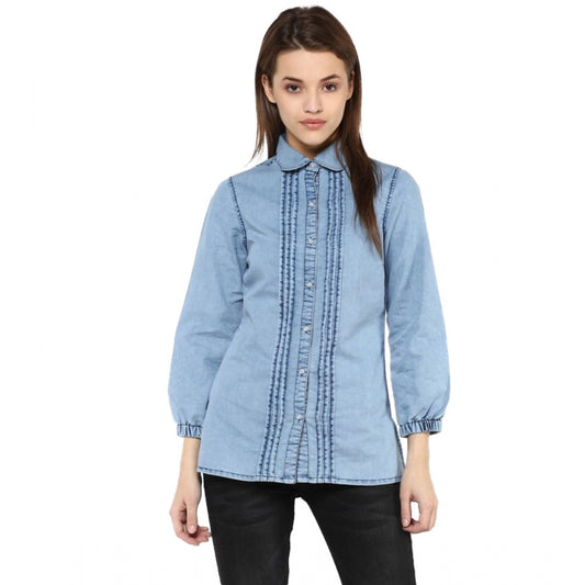 Women's Denim Solid 3 4th Sleeves Standard Length Shirt (blue) | Women Signature Collection