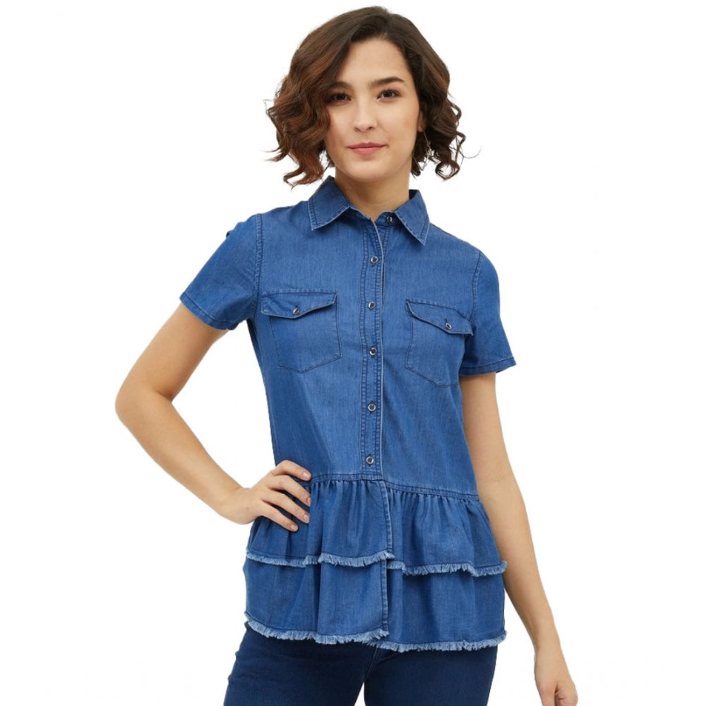Women's Denim Peplum Short Sleeve Top (blue) | Women Signature Collection
