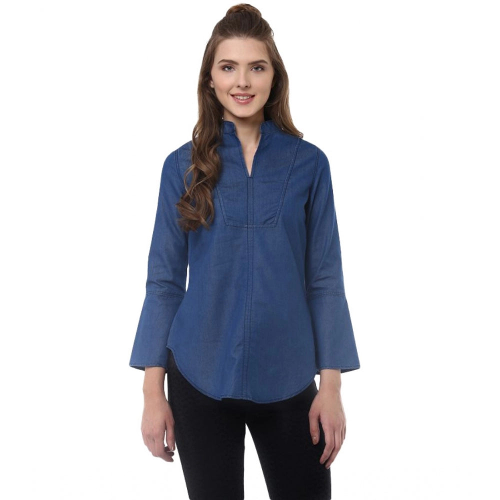 Women's Denim Solid Bell Sleeve Regular Top (blue Denim) | Women Signature Collection