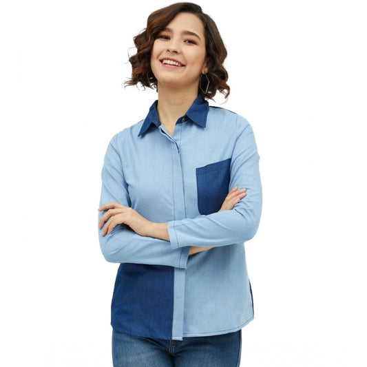 Women's Denim Patch Work Long Sleeves Standard Length Shirt (blue) | Women Signature Collection