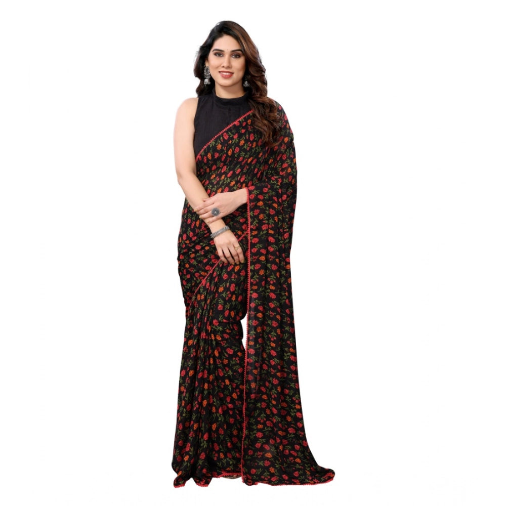 Women's Small Lace Georgette Printed Ready To Wear Saree With Unstitched Blouse 5.5 Mtr (black) | Women Signature Collection