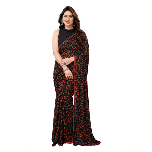 Women's Small Lace Georgette Printed Ready To Wear Saree With Unstitched Blouse 5.5 Mtr (black) | Women Signature Collection