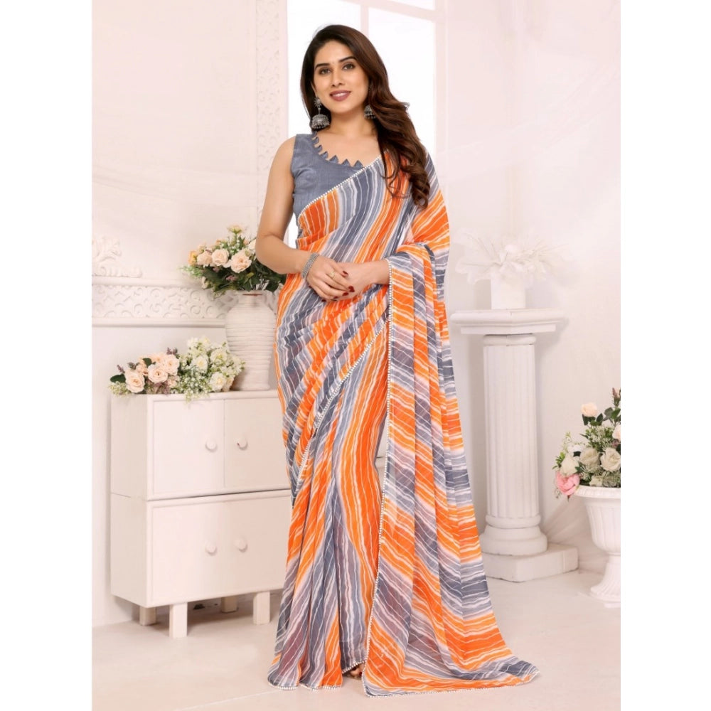 Women's Small Lace Georgette Striped Ready To Wear Saree With Unstitched Blouse 5.5 Mtr (grey) | Women Signature Collection