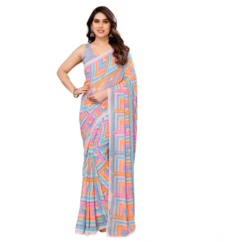 Women's Small Lace Georgette Printed Ready To Wear Saree With Unstitched Blouse 5.5 Mtr (grey) | Women Signature Collection