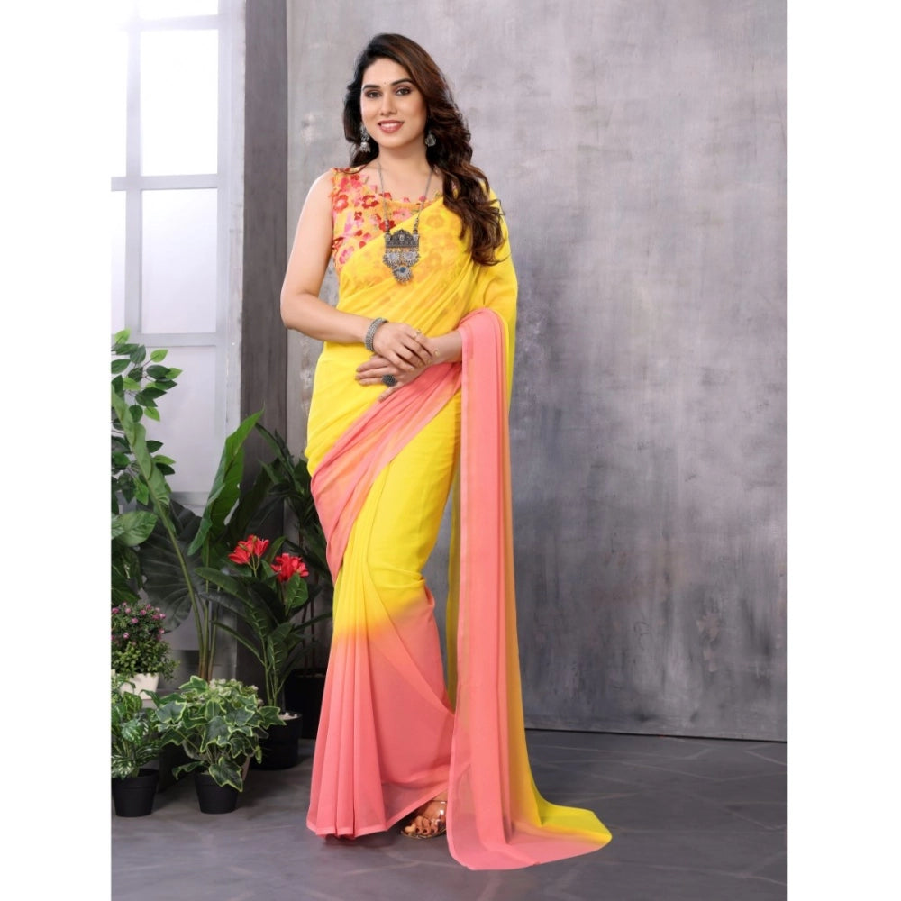 Women's Small Lace Georgette Solid Ready To Wear Saree With Unstitched Blouse 5.5 Mtr (pink Yellow) | Women Signature Collection