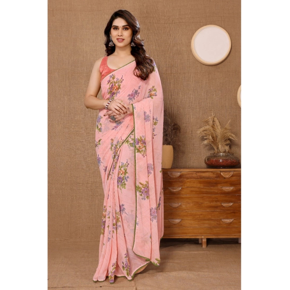 Women's Small Lace Georgette Printed Ready To Wear Saree With Unstitched Blouse 5.5 Mtr (peach) | Women Signature Collection