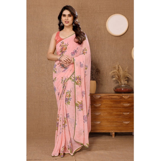 Women's Small Lace Georgette Printed Ready To Wear Saree With Unstitched Blouse 5.5 Mtr (peach) | Women Signature Collection