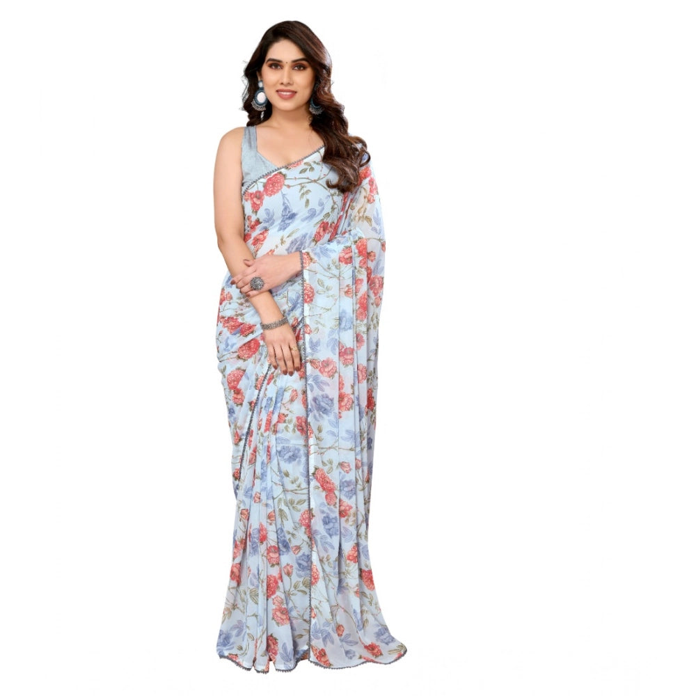Women's Small Lace Georgette Printed Ready To Wear Saree With Unstitched Blouse 5.5 Mtr (sky Blue) | Women Signature Collection