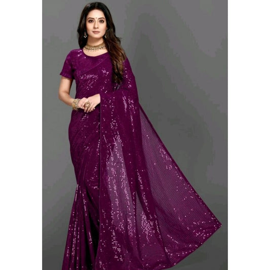 Women's Georgette Embellished Sequnece Bollywood Saree With Unstitched Blouse 5.5mtr (purple) | Women Signature Collection