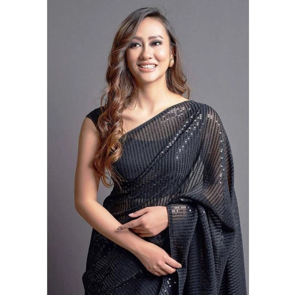 Women's Georgette Embellished Sequnece Bollywood Saree With Unstitched Blouse 5.5mtr (black) | Women Signature Collection