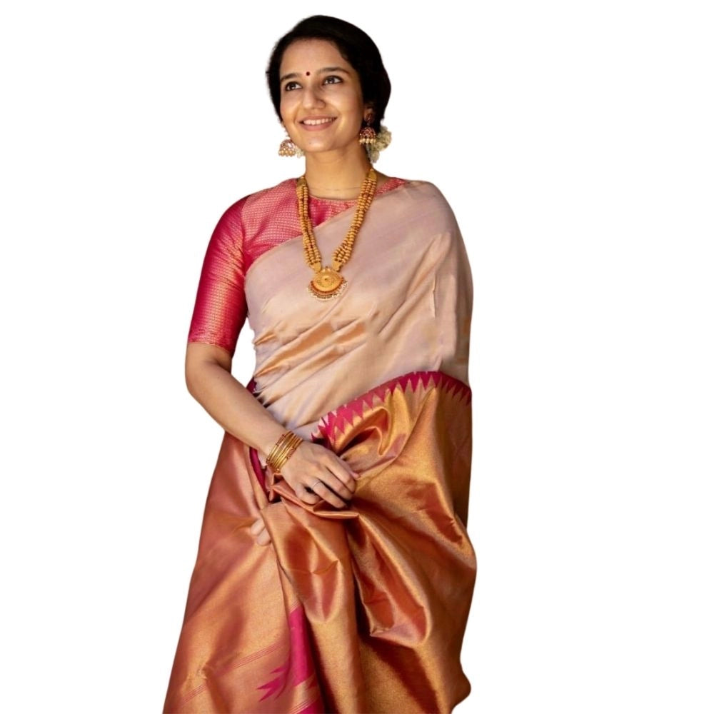 Women's Silk Printed Saree With Unstitched Blouse 5.5mtr (cream) | Women Signature Collection