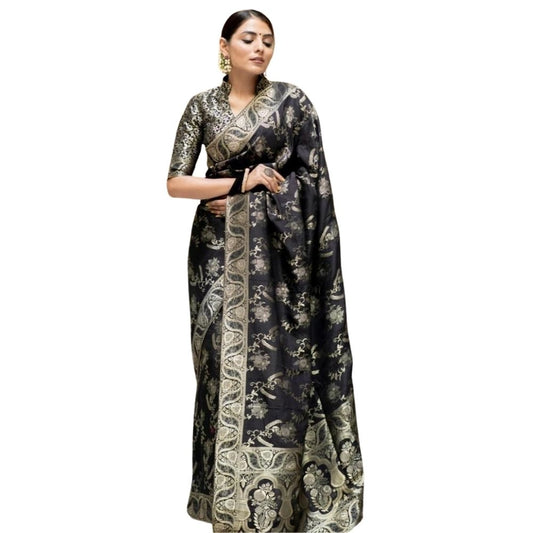 Women's Silk Printed Saree With Unstitched Blouse 5.5mtr (black) | Women Signature Collection