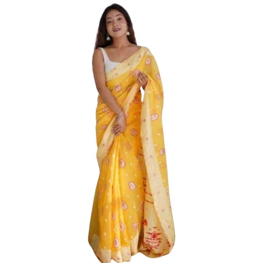 Women's Cotton Printed Saree With Unstitched Blouse 5.5mtr (yellow) | Women Signature Collection