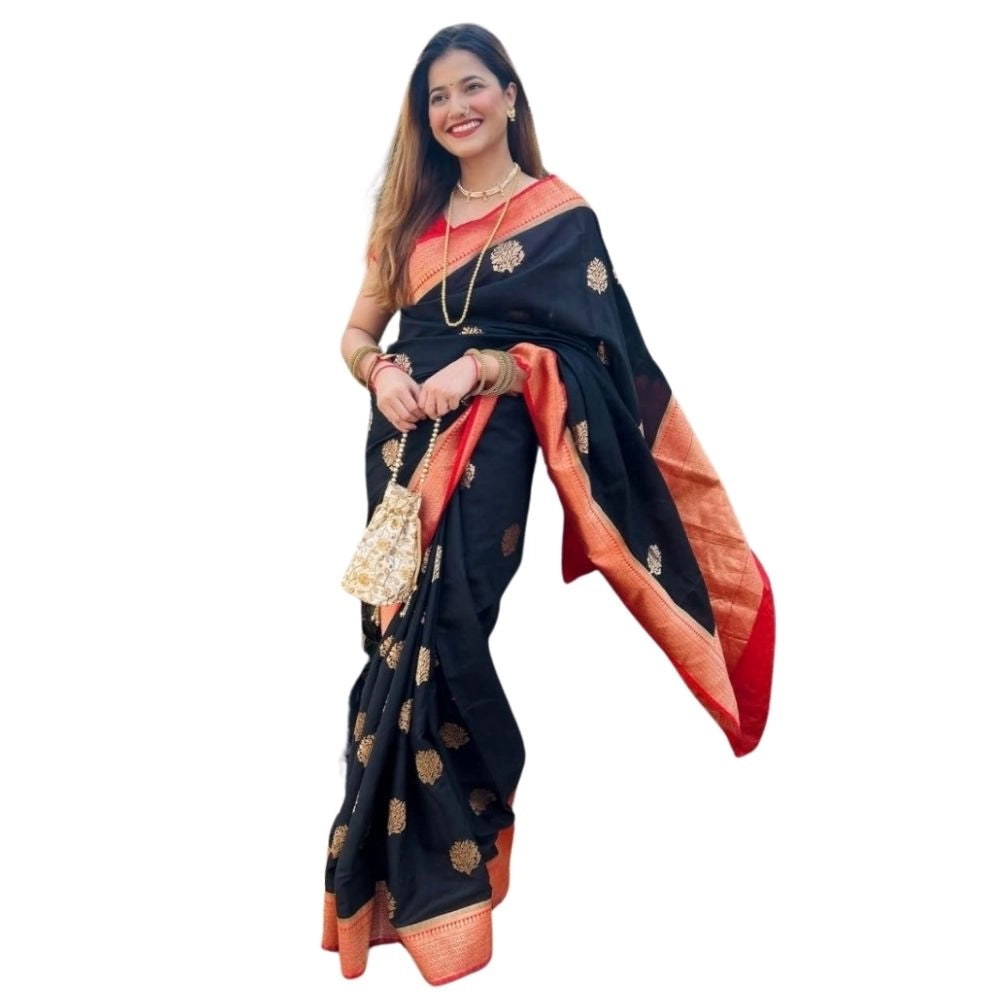 Women's Silk Printed Saree With Unstitched Blouse 5.5mtr (black Red) | Women Signature Collection