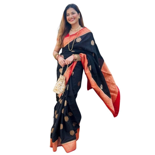 Women's Silk Printed Saree With Unstitched Blouse 5.5mtr (black Red) | Women Signature Collection