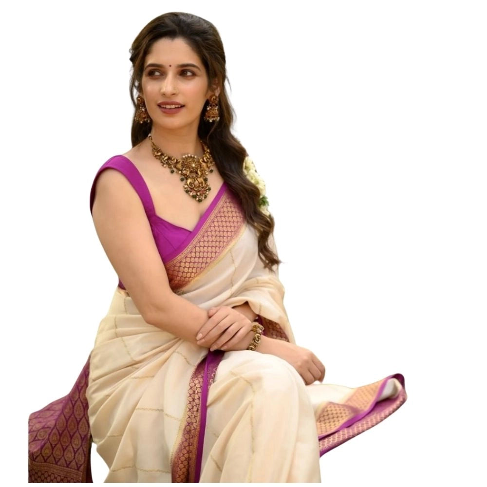 Women's Silk Printed Saree With Unstitched Blouse 5.5mtr (off White Pink) | Women Signature Collection
