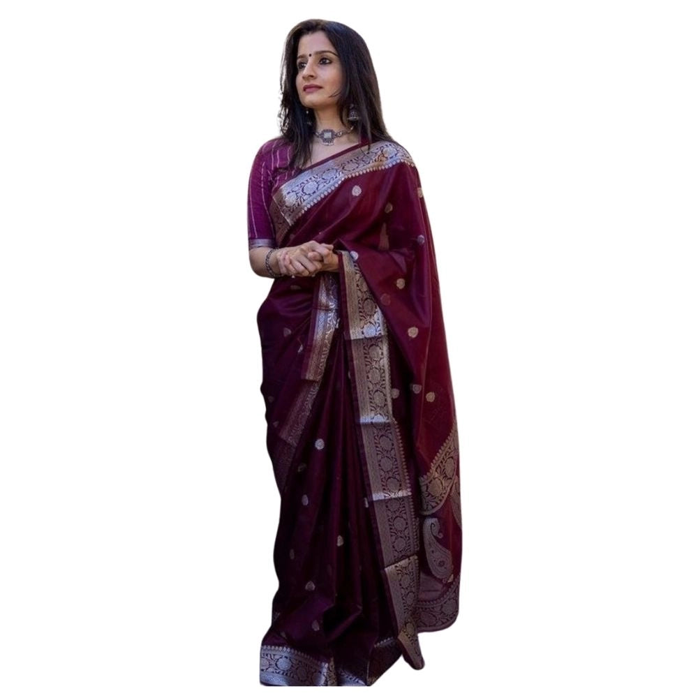 Women's Cotton Printed Saree With Unstitched Blouse 5.5mtr (maroon) | Women Signature Collection