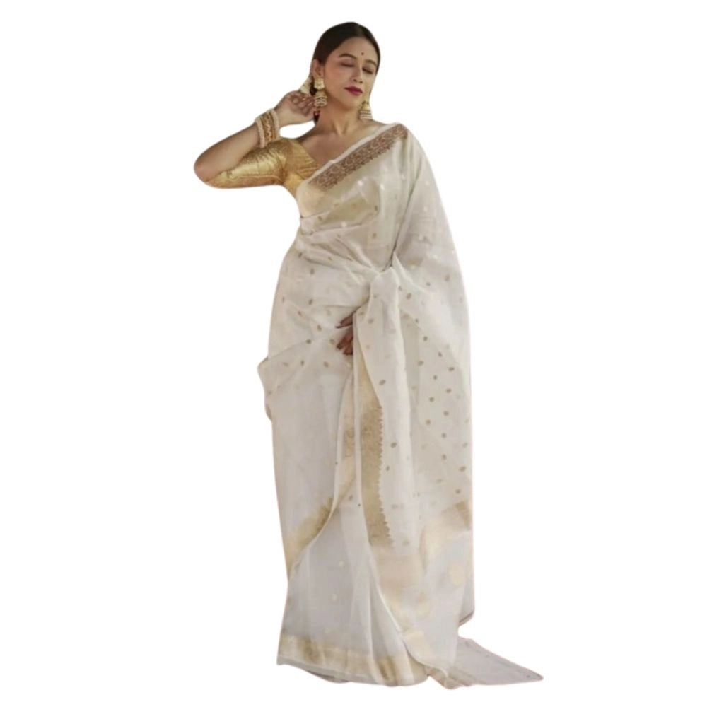 Women's Cotton Printed Saree With Unstitched Blouse 5.5mtr (white) | Women Signature Collection
