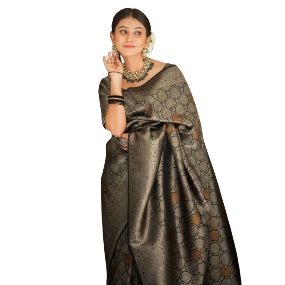Women's Silk Printed Saree With Unstitched Blouse 5.5mtr (black) | Women Signature Collection