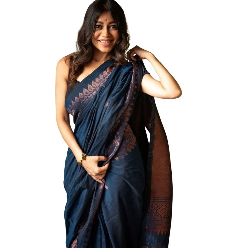Women's Silk Printed Saree With Unstitched Blouse 5.5mtr (navy Blue) | Women Signature Collection