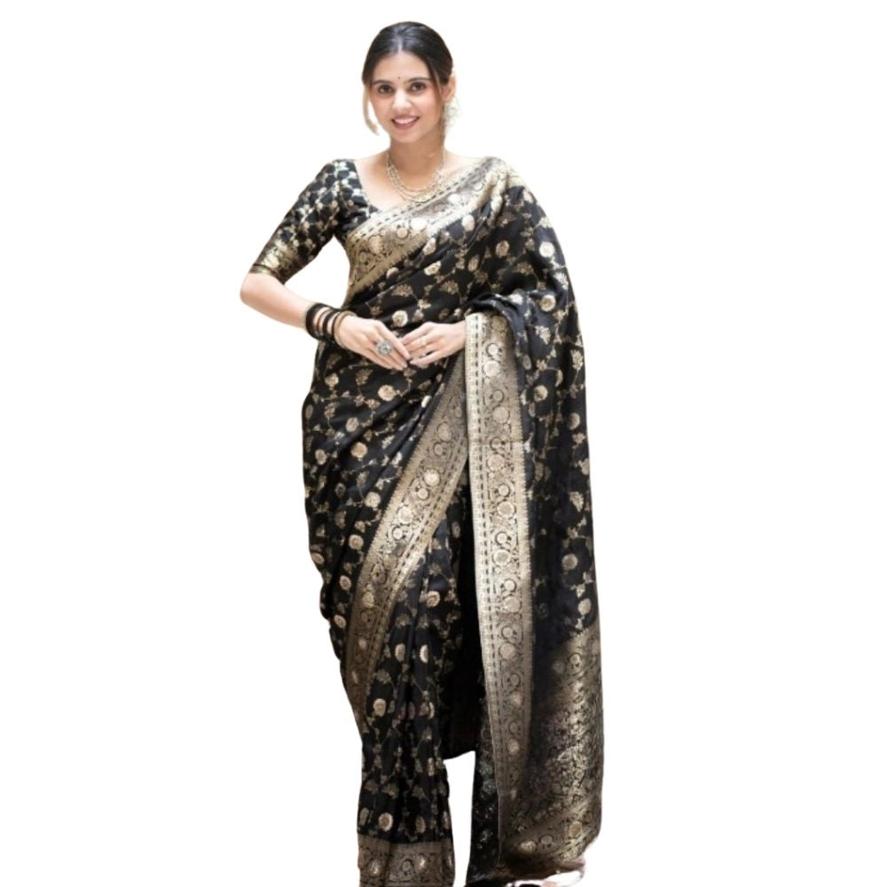 Women's Silk Printed Saree With Unstitched Blouse 5.5mtr (black) | Women Signature Collection