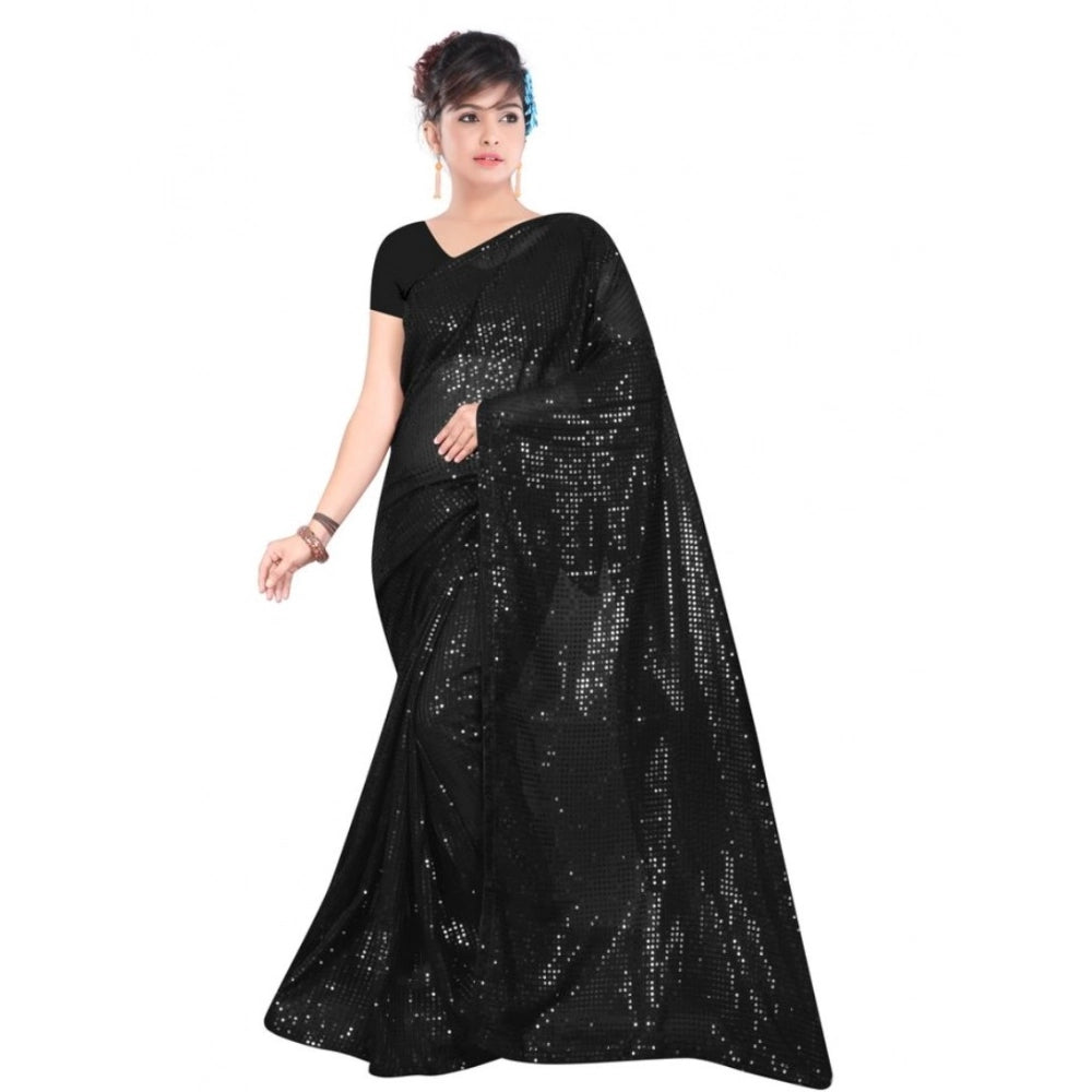 Women's Georgette Embellished Sequnece Bollywood Saree With Unstitched Blouse 5.5mtr (black) | Women Signature Collection