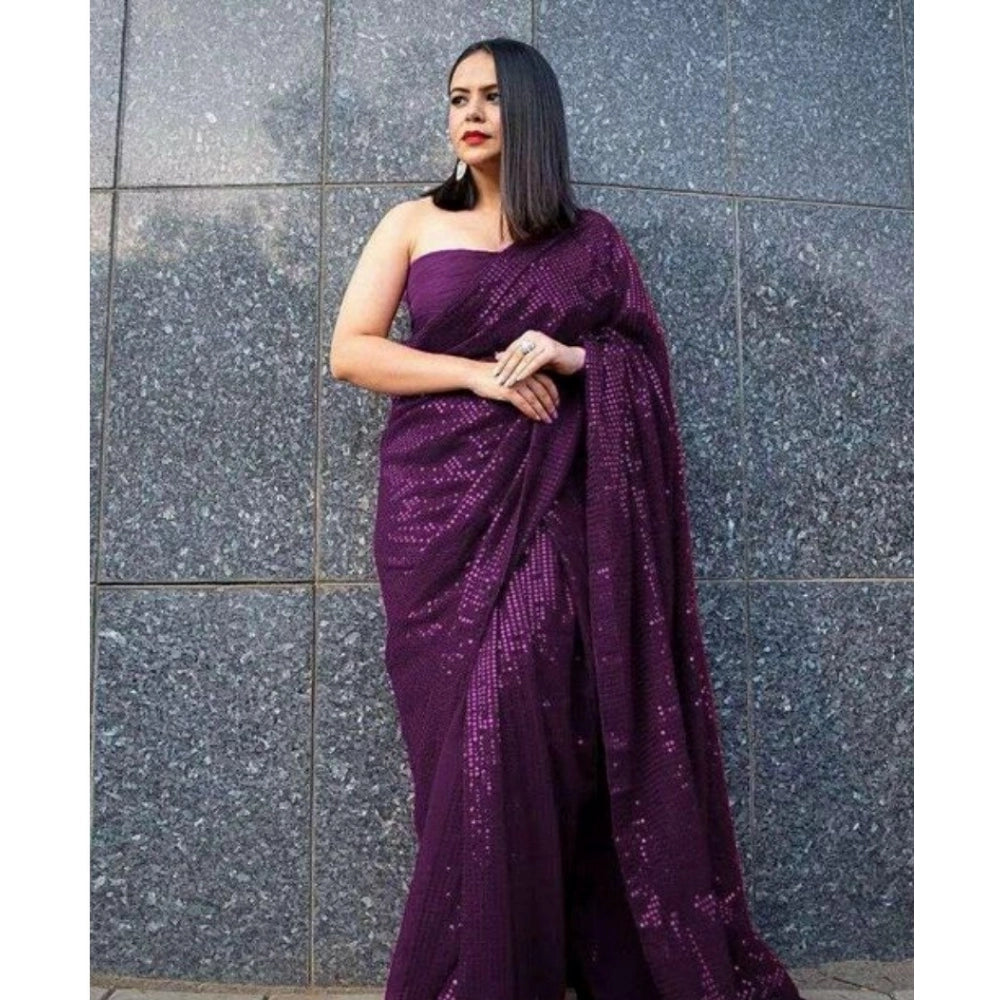 Women's Georgette Embellished Sequnece Bollywood Saree With Unstitched Blouse 5.5mtr (purple) | Women Signature Collection