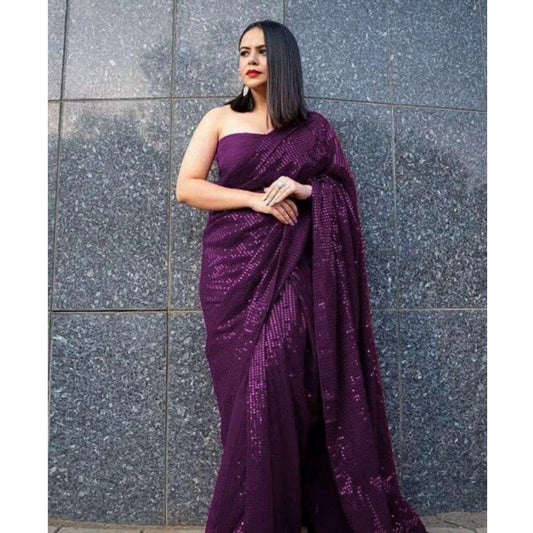 Women's Georgette Embellished Sequnece Bollywood Saree With Unstitched Blouse 5.5mtr (purple) | Women Signature Collection