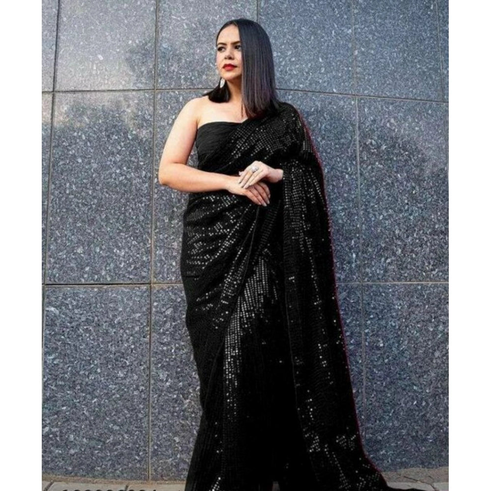 Women's Georgette Embellished Sequnece Bollywood Saree With Unstitched Blouse 5.5mtr (black) | Women Signature Collection