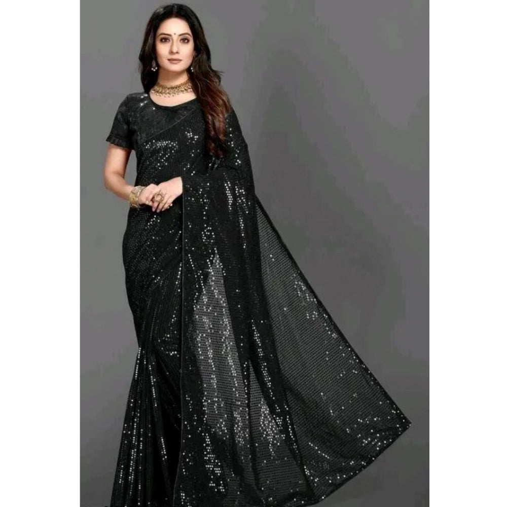 Women's Georgette Embellished Sequnece Bollywood Saree With Unstitched Blouse 5.5mtr (black) | Women Signature Collection
