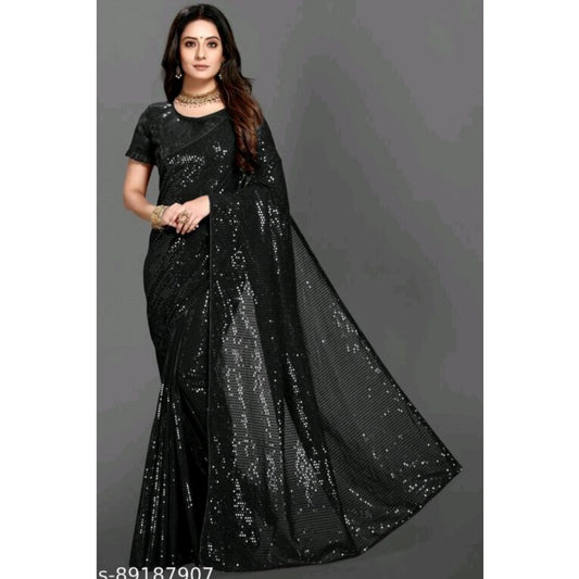 Women's Georgette Embellished Sequnece Bollywood Saree With Unstitched Blouse 5.5mtr (black) | Women Signature Collection