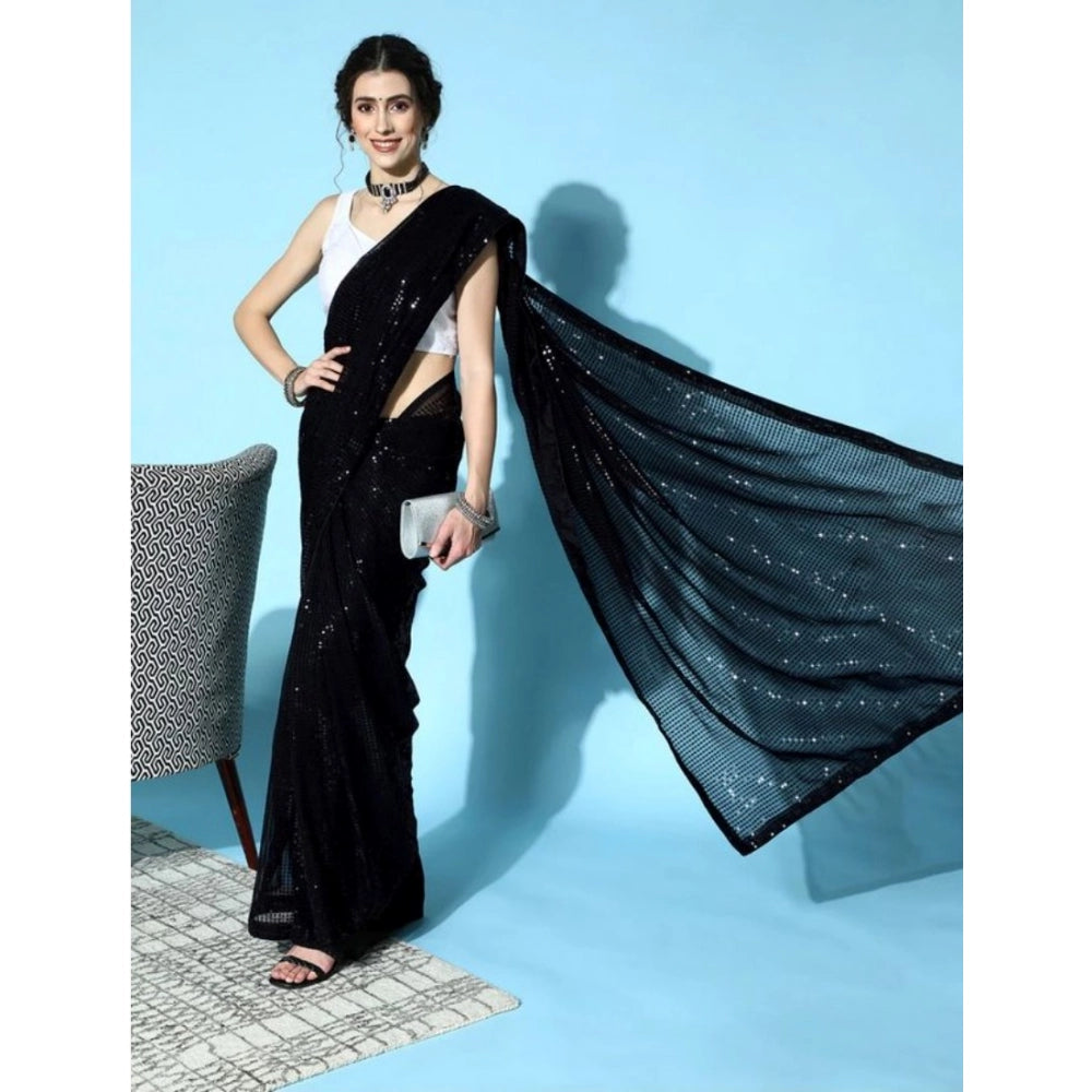 Women's Georgette Embellished Sequnece Bollywood Saree With Unstitched Blouse 5.5mtr (black) | Women Signature Collection