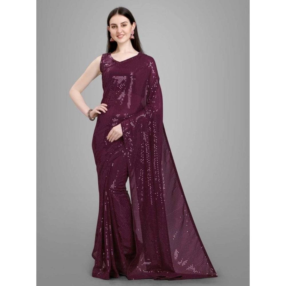 Women's Georgette Embellished Sequnece Bollywood Saree With Unstitched Blouse 5.5mtr (purple) | Women Signature Collection