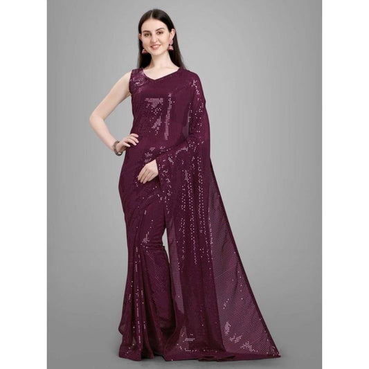 Women's Georgette Embellished Sequnece Bollywood Saree With Unstitched Blouse 5.5mtr (purple) | Women Signature Collection