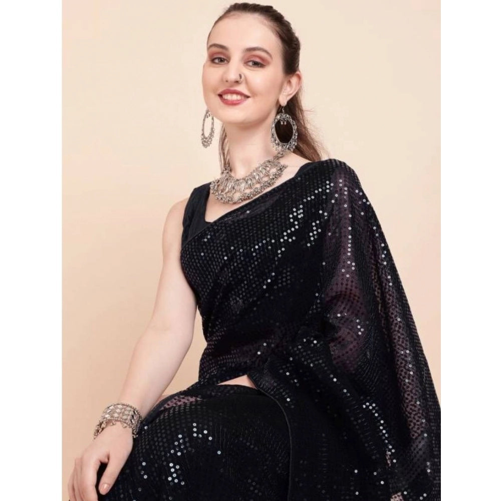 Women's Georgette Embellished Sequnece Bollywood Saree With Unstitched Blouse 5.5mtr (black) | Women Signature Collection